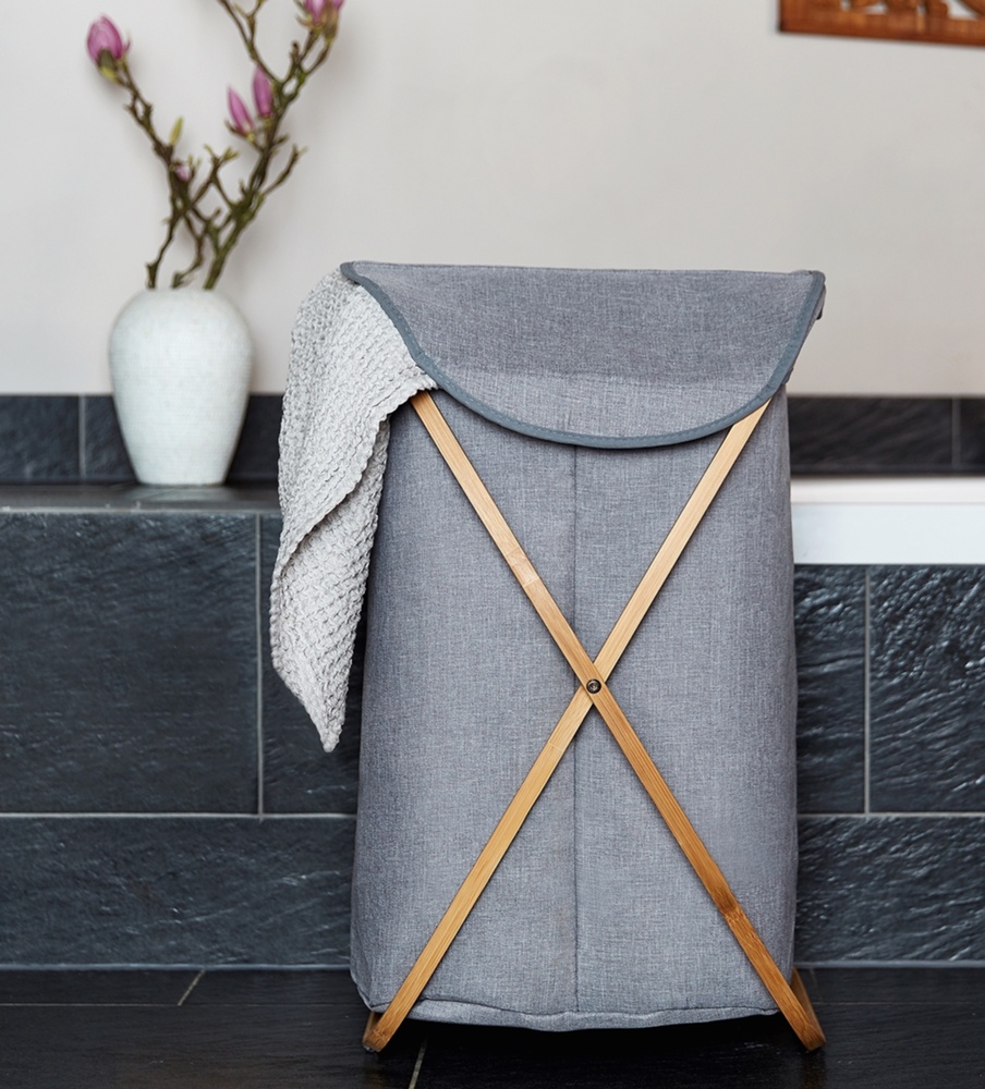 Tvättkorg med bambu ställning, BAHRI, 40 x 30 X H 60 cm, Grå