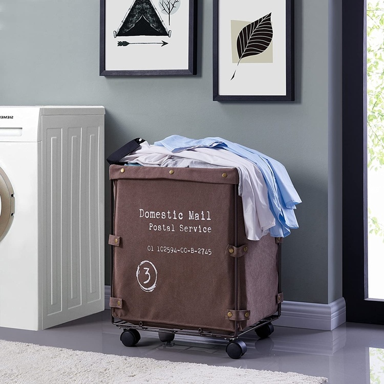 Tvättkorg på hjul, CANVAS LAUNDRY HAMPER, 46 x 38 x H 59 cm, Brun