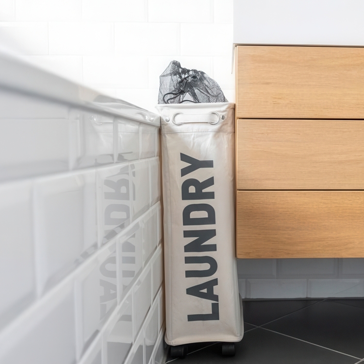 Tvättkorg på hjul, Extra Smal, LAUNDRY, 18,5 x 40 x H 60 cm, Beige