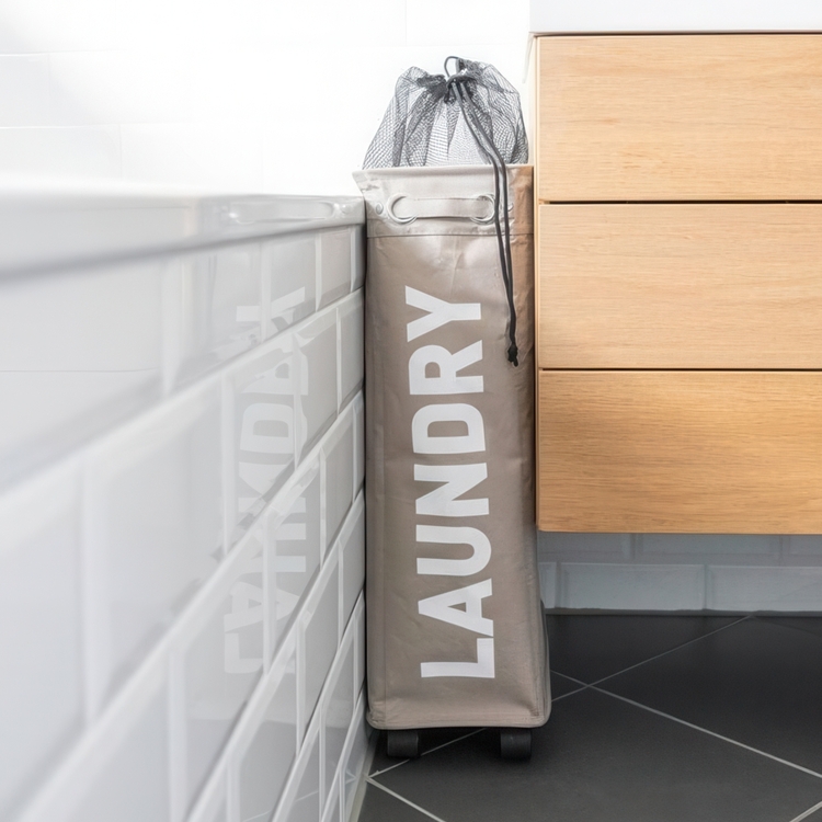 Tvättkorg på hjul, Extra Smal, LAUNDRY, 18,5 x 40 x H 60 cm, Ljusgrå