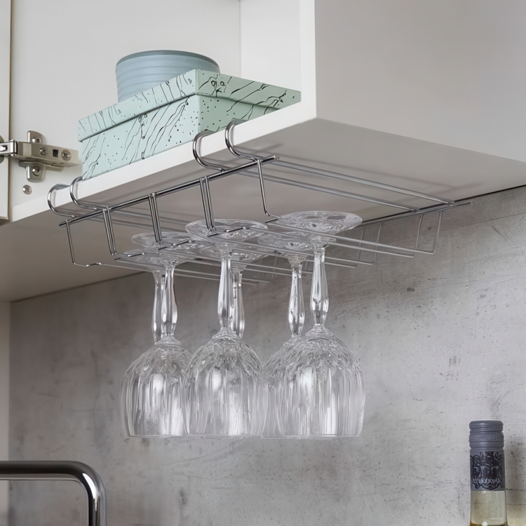 Vinglas hängare för 12 glas, under hylla, LARGE GLASS HANGER, Silver