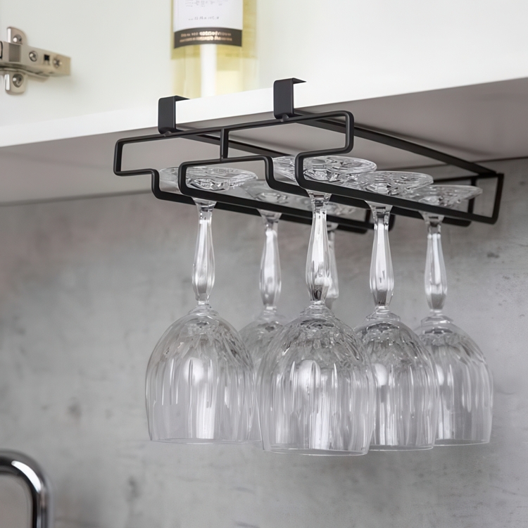 Vinglas hängare för 6 glas, under hylla, DOUBLE GLASS HANGER, Svart