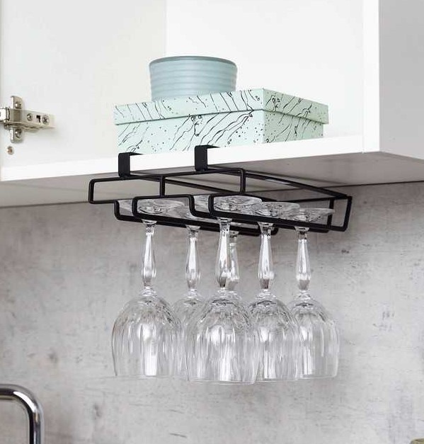Vinglas hängare för 6 glas, under hylla, DOUBLE GLASS HANGER, Svart