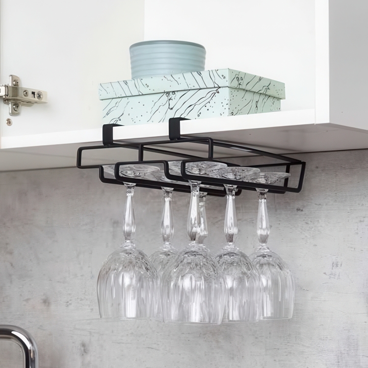Vinglas hängare för 6 glas, under hylla, DOUBLE GLASS HANGER, Svart