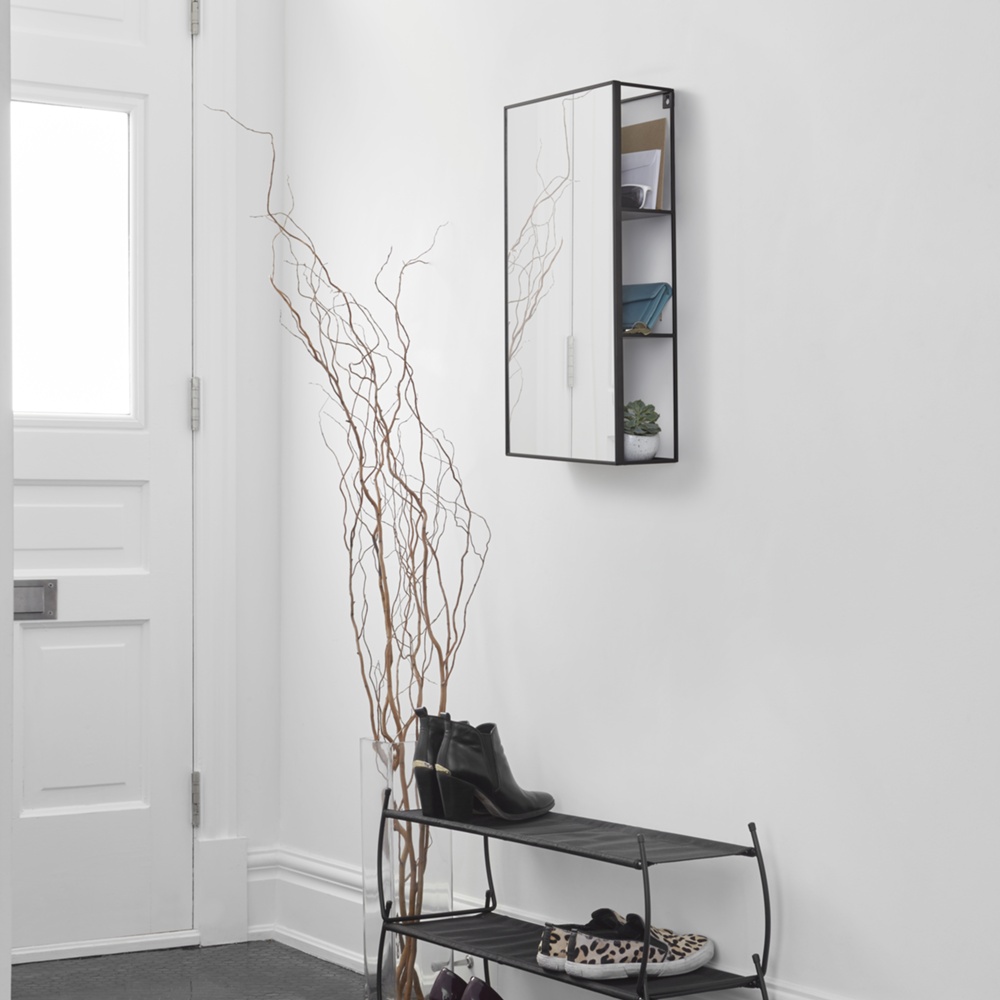 Väggförvaring med spegel, CUBIKO MIRROR, 30,5 x 13 x H 61cm, Umbra, Svart