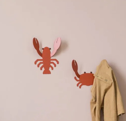Väggkrok av återvunnen metall, LOBSTER, 15 x 20 cm, Orange