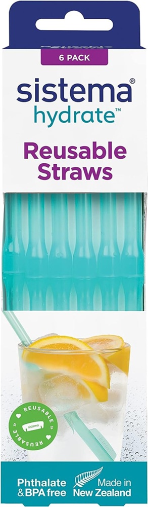 Återanvändbara, lättdiskade sugrör, SISTEMA HYDRATE REUSABLE, 6 sugrör, Turkos