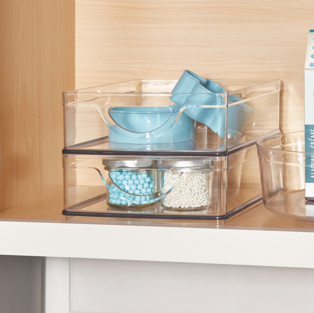 Öppen låda med handtag, Stapelbar, RPET CABINET BIN , 25,4 x 20,3 x H 7,6 cm, Transparent