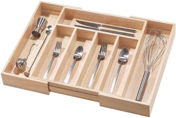 Besticklåda i trä, Expanderbar, PAULOWNIA ECO WOOD, 38 x 34,5~58,5 x H 6,4 cm, Natur i gruppen Förvaring / Köksförvaring / Organisera köksskåp / Besticklådor hos SmartaSaker.se (40109)