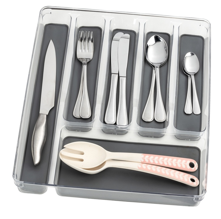 Besticklåda, 6 fack, ANTI-SLIP ORGANIZER, 40 x 32 x H 4,5 cm, Klar / Ljusgrå i gruppen Förvaring / Köksförvaring / Organisera köksskåp / Besticklådor hos SmartaSaker.se (40118)