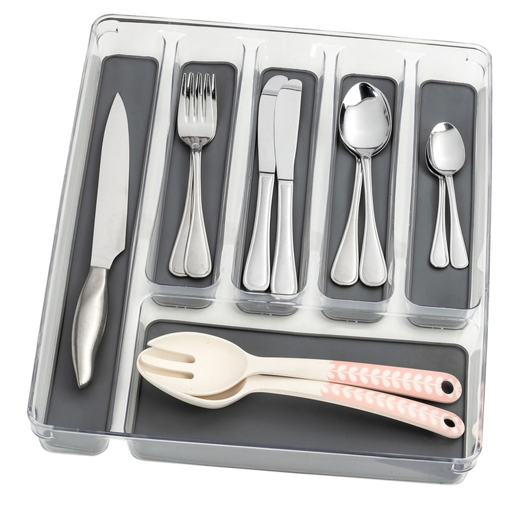 Besticklåda, 6 fack, ANTI-SLIP ORGANIZER, 40 x 32 x H 4,5 cm, Klar / Ljusgrå i gruppen Förvaring / Köksförvaring / Organisera köksskåp / Besticklådor hos SmartaSaker.se (40118)
