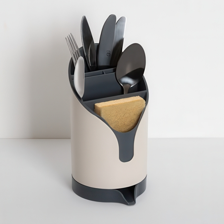 Bestickställ med fack, DRAINER NEO, 12,8 x 11 x H 20,2 cm, Beige / Grå i gruppen Förvaring / Köksförvaring / Diskställ och diskbänk hos SmartaSaker.se (40130)