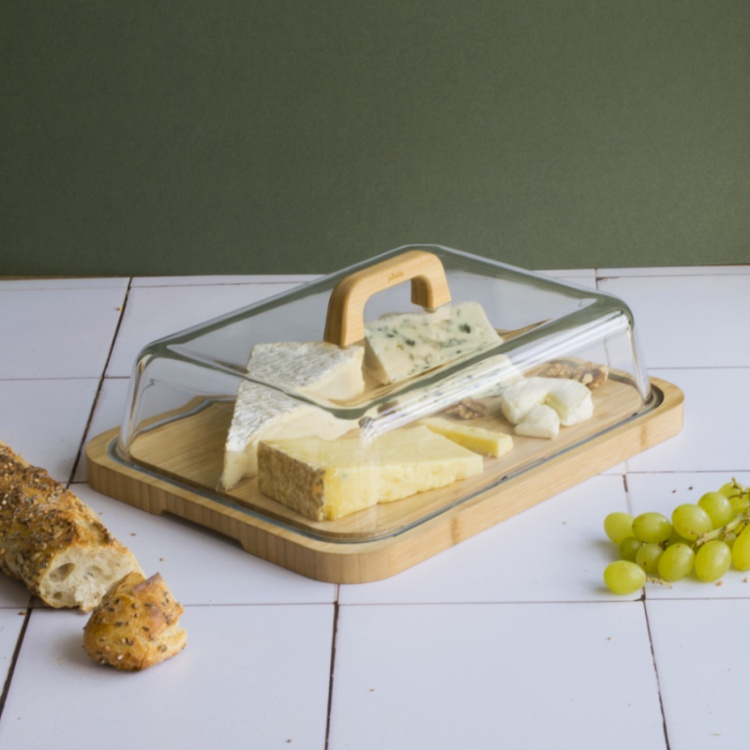 Bricka av bambu med glaslock, PEBBLY PLATEAU Ã FROMAGE, 34 x 25 x H 9,5 cm, Klar / Natur i gruppen Förvaring / Köksförvaring / Kylskåpsförvaring hos SmartaSaker.se (40237)