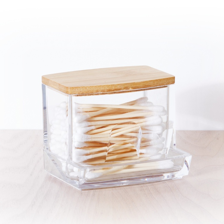 Burk för Tops, SELENA BAMBOO COTTON BUDS DISPENSER, 9,3 x 8 x H 7,4 cm, Klar / Natur i gruppen Förvaring / Badrumsförvaring / Sminkförvaring hos SmartaSaker.se (40285)