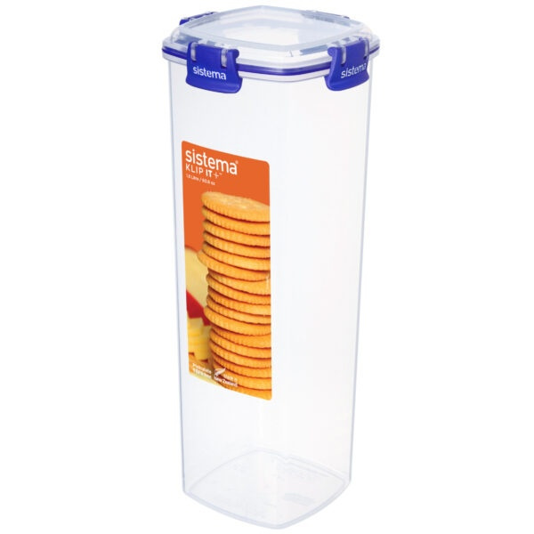 Burk hög, för Kex / Spagetti, 1,8 L, KLIP IT PLUS CRACKER, 11 x 11 x H 28 cm, Klar / Blå i gruppen Förvaring / Köksförvaring / Förvaringslådor och burkar hos SmartaSaker.se (40299)