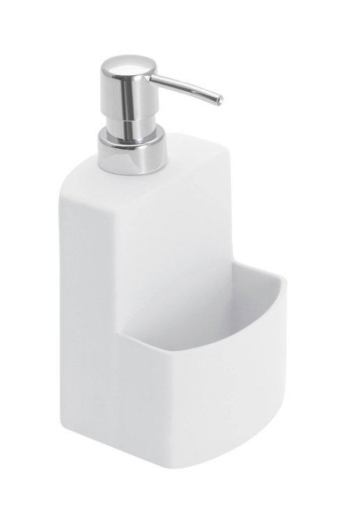 Diskmedels- / Tvålpump i keramik, med ficka för svamp, FESTIVAL, 10 x 10 x H 18 cm, Vit i gruppen Förvaring / Badrumsförvaring hos SmartaSaker.se (40427)