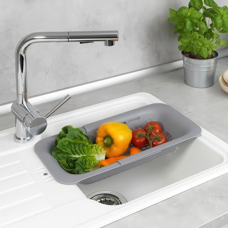 Durkslag, Över diskho, GREY COLANDER, 36,5~50 x 20 x H 7 cm, Ljusgrå i gruppen Förvaring / Köksförvaring / Diskställ och diskbänk hos SmartaSaker.se (40515)