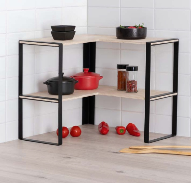 Hylla för hörn, 2-plan, BLACK & WOOD CORNER RACK, 40 x 40 x H 35 cm, Natur / Svart i gruppen Förvaring / Köksförvaring / Organisera köksskåp hos SmartaSaker.se (41168)