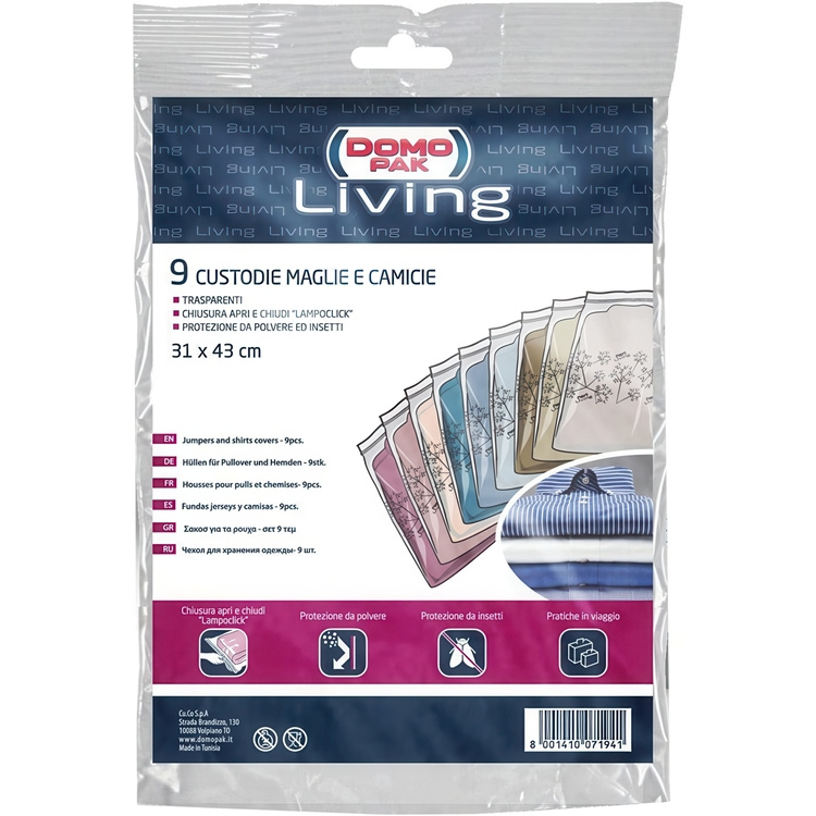 Klädpåsar för Tröjor och Skjortor, genomskinlig plast, 9 st, LIVING ZIP-LOCK, 31 x H43 cm, Klar i gruppen Förvaring / Garderobsförvaring / Klädgarderober hos SmartaSaker.se (41371)