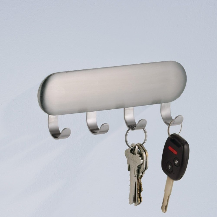 Kroklist, 4 krokar, Självhäftande, KEY RACK, 14 x 2,5 x H 5,5 cm, Borstat stål i gruppen Förvaring / Magneter och självhäftande / Självhäftande krokar hos SmartaSaker.se (41574)