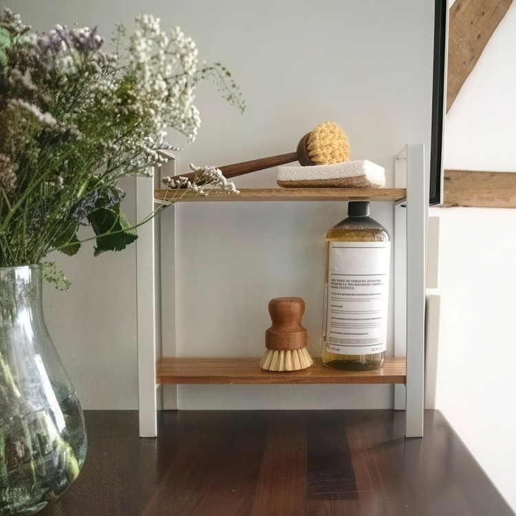 Kryddhylla för köksbänken, ACACIA DOUBLE SHELF, 32 x 11 x H 33 cm, Vit / Brun i gruppen Förvaring / Köksförvaring / Organisera köksskåp hos SmartaSaker.se (41593)