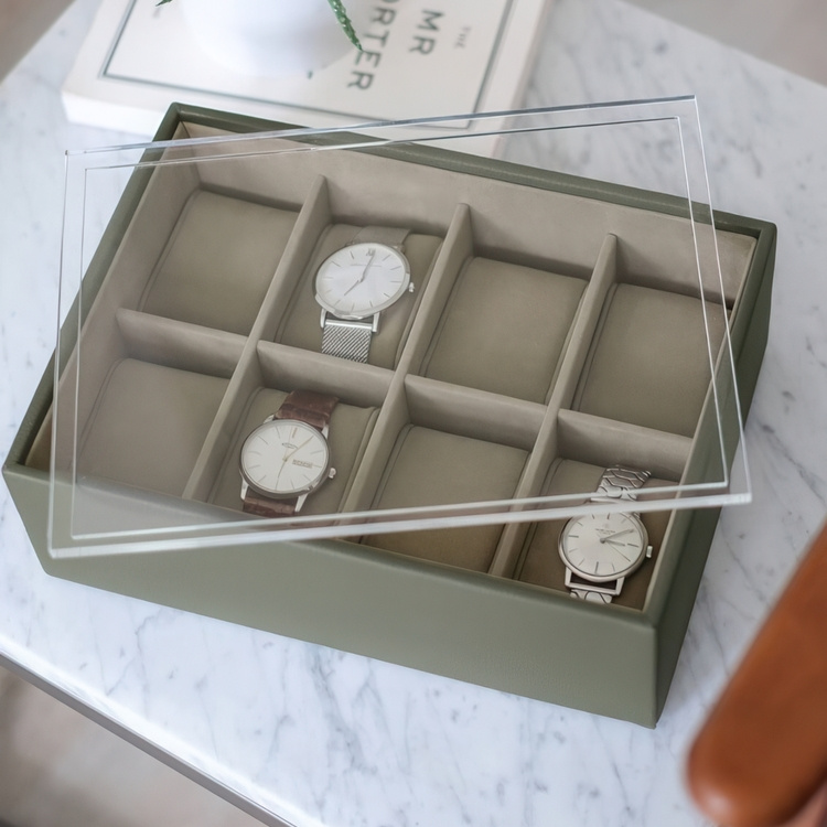 Låda för klockor med displaylock, STACKERS WATCH BOX, 18 x 26 x H 9,5 cm, Olivgrön i gruppen Förvaring / Sovrumsförvaring / Klocklådor hos SmartaSaker.se (41739)