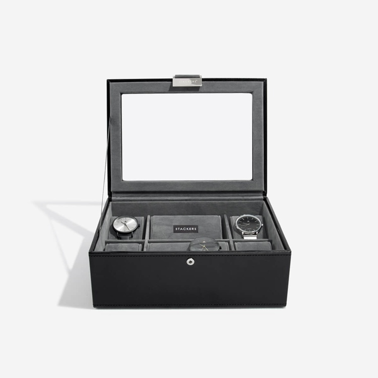 Låda för klockor med glaslock, STACKERS WATCH BOX MEDIUM, 19,5 x 26 x H 9,5 cm, Svart i gruppen Förvaring / Sovrumsförvaring / Klocklådor hos SmartaSaker.se (41743)
