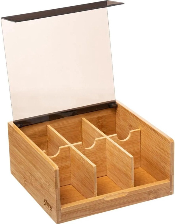 Låda för Sortering av Tepåsar, 6 fack, SQUARE BAMBOO TEA BOX, 22 x 21 x H 10 cm, Natur / Svart i gruppen Förvaring / Köksförvaring / Förvaringslådor och burkar hos SmartaSaker.se (41759)