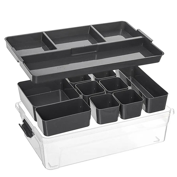 Låda med insats och burkar för sortering, EZY SORT IT DOUBLE, 35,5 x 22,5 x H 10 cm, Transparent / Grå i gruppen Förvaring / Förvaringslådor hos SmartaSaker.se (41803)