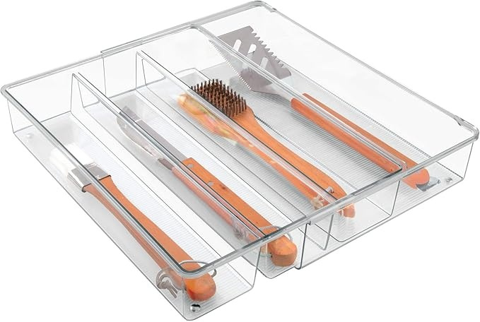 Lådinsats för redskap, Expanderbar, LINUS GRAND UTENSILS, 40,6~57 x 30,5 x H 7,6 cm, Transparent i gruppen Förvaring / Köksförvaring / Organisera köksskåp / Besticklådor hos SmartaSaker.se (41922)