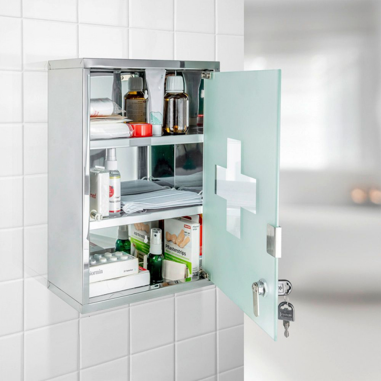 Medicinskåp med glasdörr, Låsbart, LARGE MEDICINE CABINET, 30 x 12 x H 40 cm, Silver i gruppen Förvaring / Badrumsförvaring hos SmartaSaker.se (42218)