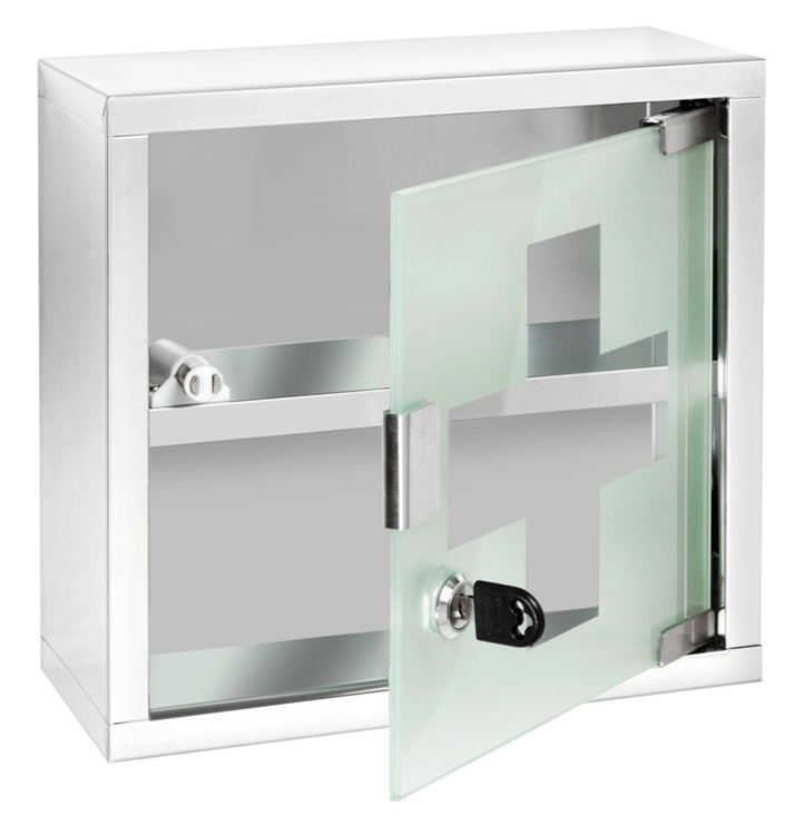 Medicinskåp med glasdörr, låsbart, MEDICINE CABINET, 25 x 12 x H 25 cm, Silver / Klar i gruppen Förvaring / Badrumsförvaring hos SmartaSaker.se (42219)