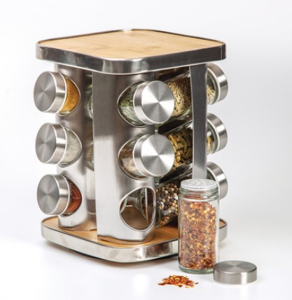 Snurrställ för Kryddor, 12 burkar, BAMBOO ROTATING SPICE RACK, 17 x 17 x H 23 cm , Silver / Natur i gruppen Förvaring / Köksförvaring / Organisera köksskåp / Kryddställ hos SmartaSaker.se (42753)