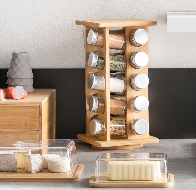 Snurrställ med Kryddor, 20 burkar, LARGE BAMBOO SQUARE ROTATING SPICE RACK, 18 x 18 x H 34 cm, Natur i gruppen Förvaring / Köksförvaring / Organisera köksskåp / Kryddställ hos SmartaSaker.se (42759)
