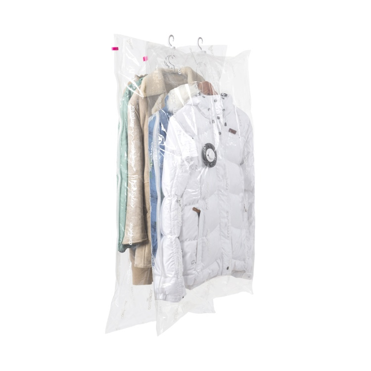 Vakuumpåsar med galge, 2 st, SET ESPACE DUO, Kort 70 x 105 cm + Lång 70 x 145 cm, Transparent i gruppen Förvaring / Garderobsförvaring / Vakuumförvaring / Hängande vakuumpåsar hos SmartaSaker.se (43177)