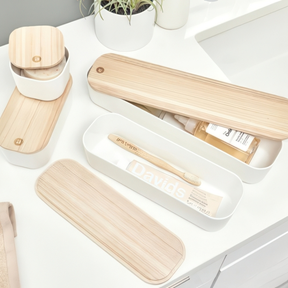 Ask med trälock, ECO MEDIUM COMPACT BIN, 9 x 18,5 x H 7 cm, Offwhite / Natur i gruppen Förvaring / Förvaringslådor / Småförvaring hos SmartaSaker.se (40034)