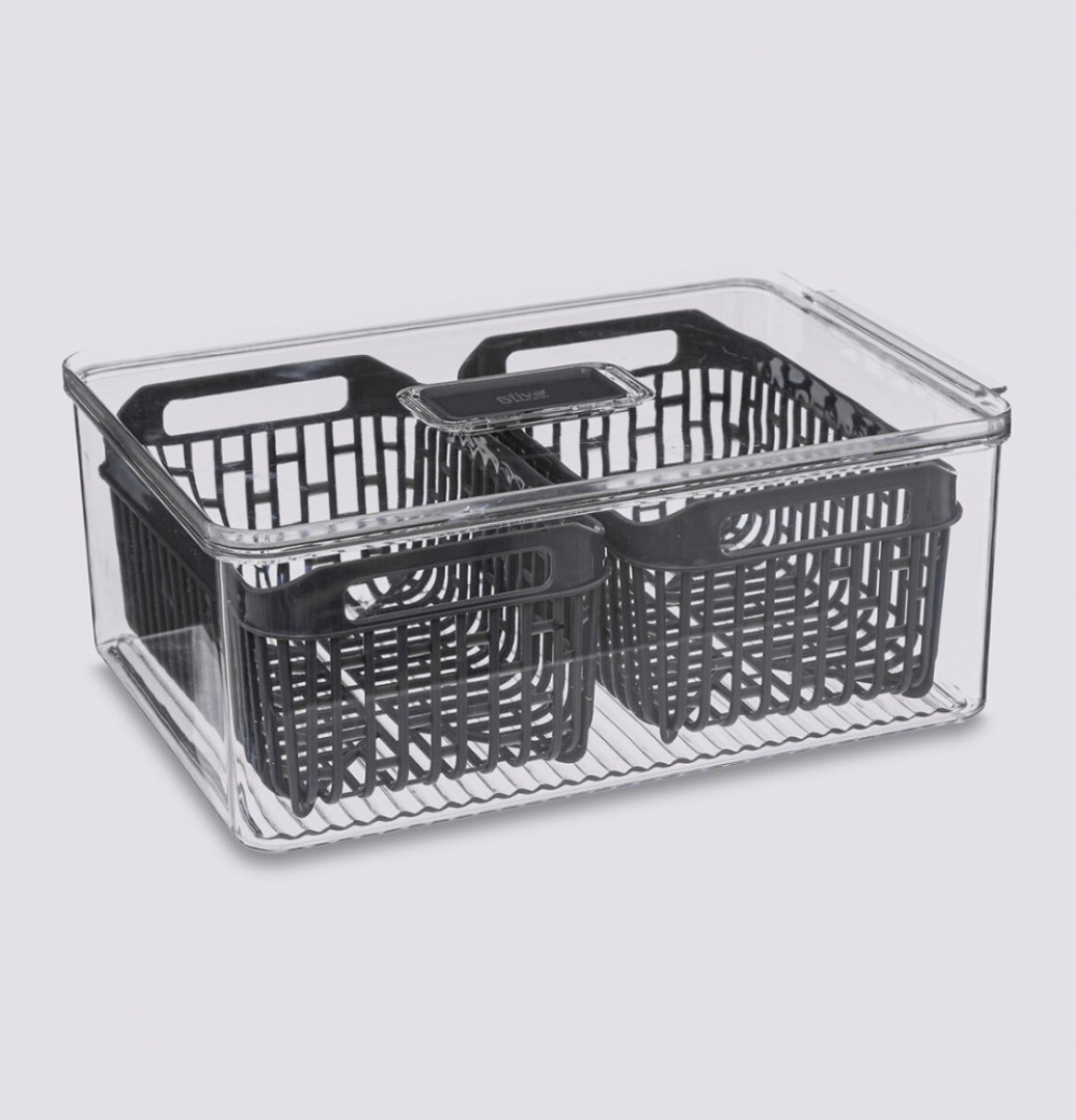 Behållare med 2 durkslag, STAY FRESH BIN, 32,5 x 22,5 x H 12 cm, Klar / Grå i gruppen Förvaring / Köksförvaring / Kylskåpsförvaring hos SmartaSaker.se (40092)