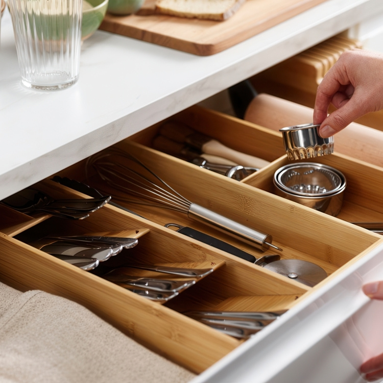 Bestick- & Redskapslåda, 8 fack, DRAWERSTORE BAMBU, Joseph Joseph, 40 x 38,5 x H 6,5 cm , Natur i gruppen Förvaring / Köksförvaring / Organisera köksskåp / Besticklådor hos SmartaSaker.se (40095)