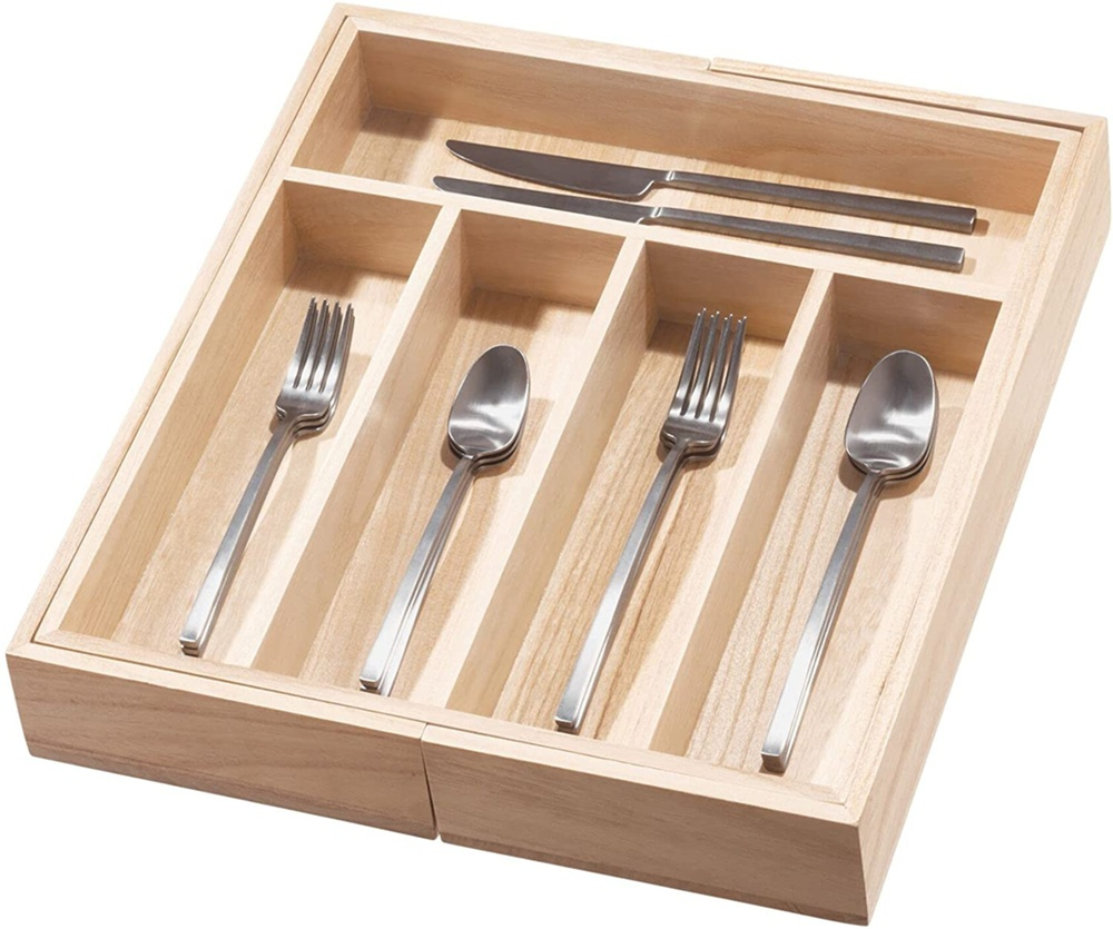 Besticklåda i trä, Expanderbar, PAULOWNIA ECO WOOD, 38 x 34,5~58,5 x H 6,4 cm, Natur i gruppen Förvaring / Köksförvaring / Organisera köksskåp / Besticklådor hos SmartaSaker.se (40109)
