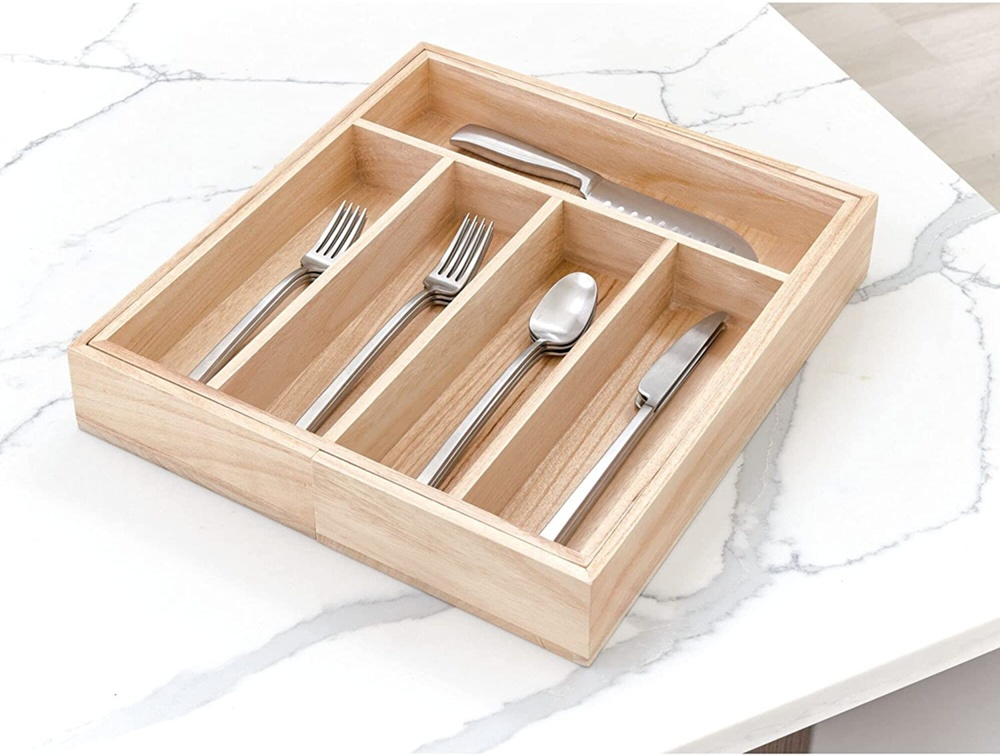 Besticklåda i trä, Expanderbar, PAULOWNIA ECO WOOD, 38 x 34,5~58,5 x H 6,4 cm, Natur i gruppen Förvaring / Köksförvaring / Organisera köksskåp / Besticklådor hos SmartaSaker.se (40109)
