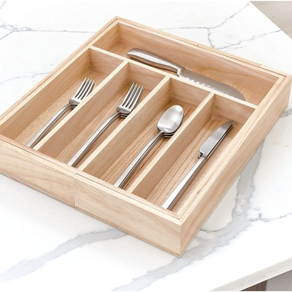 Besticklåda i trä, Expanderbar, PAULOWNIA ECO WOOD, 38 x 34,5~58,5 x H 6,4 cm, Natur i gruppen Förvaring / Köksförvaring / Organisera köksskåp / Besticklådor hos SmartaSaker.se (40109)