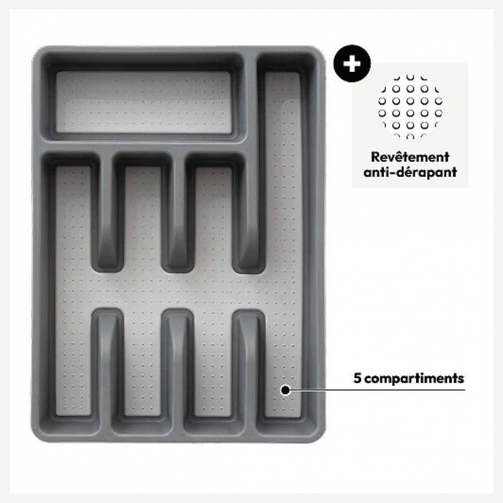 Besticklåda, 5 fack, NON SLIP RANGE-COUVERTS, 36,5 x 26.5 x H 5 cm, Grå i gruppen Förvaring / Köksförvaring / Organisera köksskåp / Besticklådor hos SmartaSaker.se (40114)