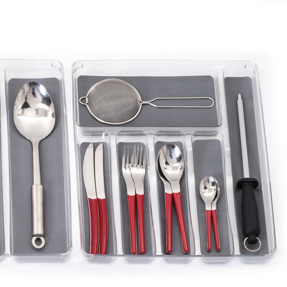 Besticklåda, 6 fack, TIDY SMART ORGANIZER, 40 x 32 x H 4,5 cm, Klar / Mörkgrå i gruppen Förvaring / Köksförvaring / Organisera köksskåp / Besticklådor hos SmartaSaker.se (40119)