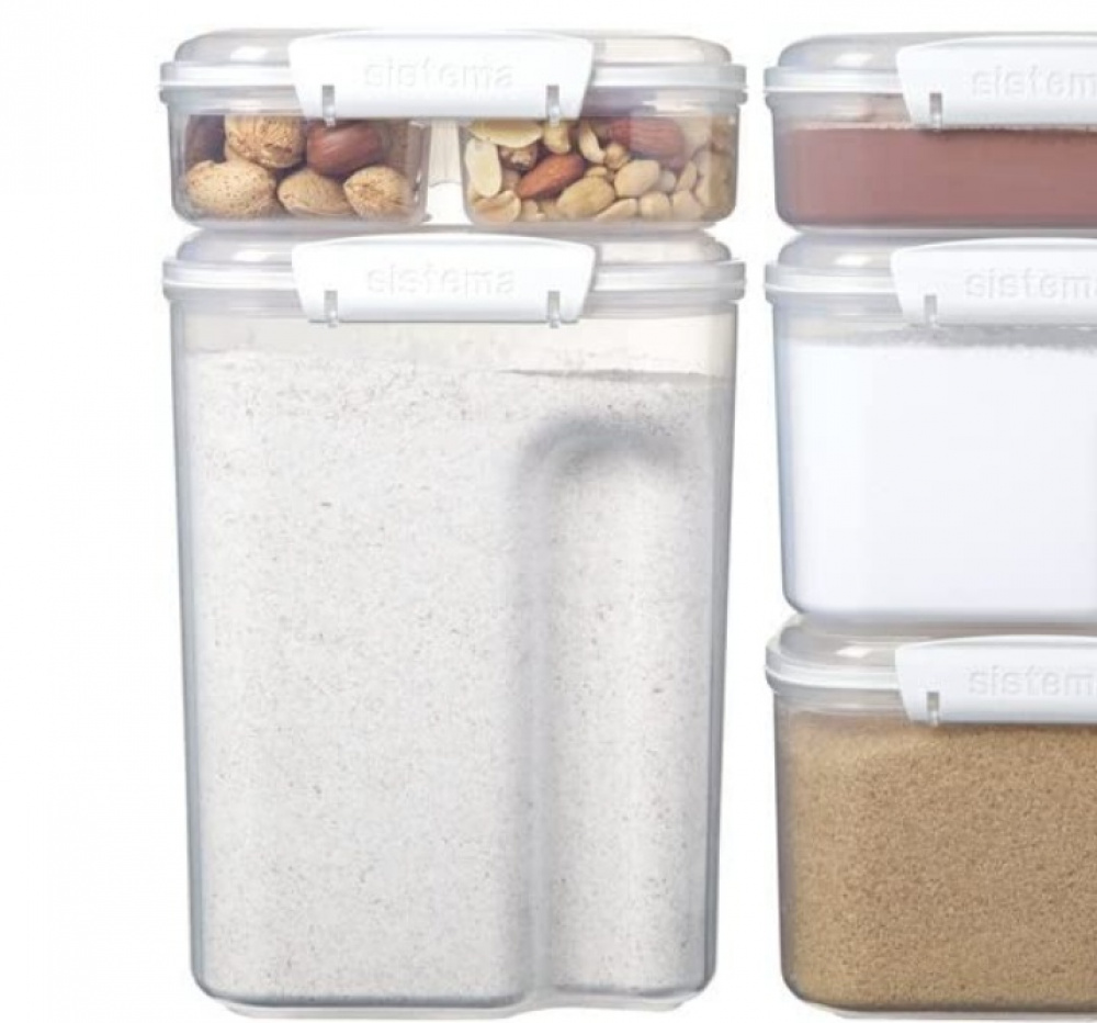 Burk för mjöl, gryn mm, 3,35 L, Med skopa, BAKE IT, Transparent / Vit i gruppen Förvaring / Köksförvaring / Förvaringslådor och burkar / Sistema hos SmartaSaker.se (40273)