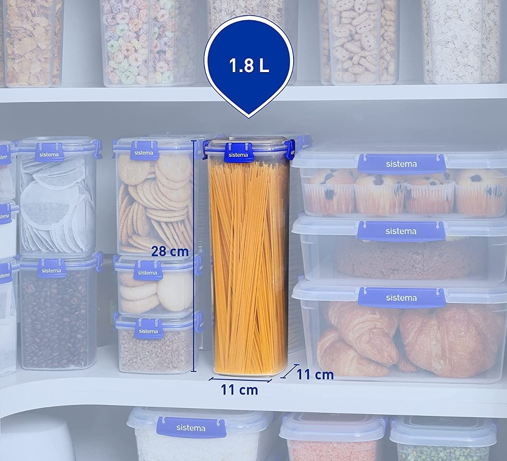 Burk hög, för Kex / Spagetti, 1,8 L, KLIP IT PLUS CRACKER, 11 x 11 x H 28 cm, Klar / Blå i gruppen Förvaring / Köksförvaring / Förvaringslådor och burkar hos SmartaSaker.se (40299)