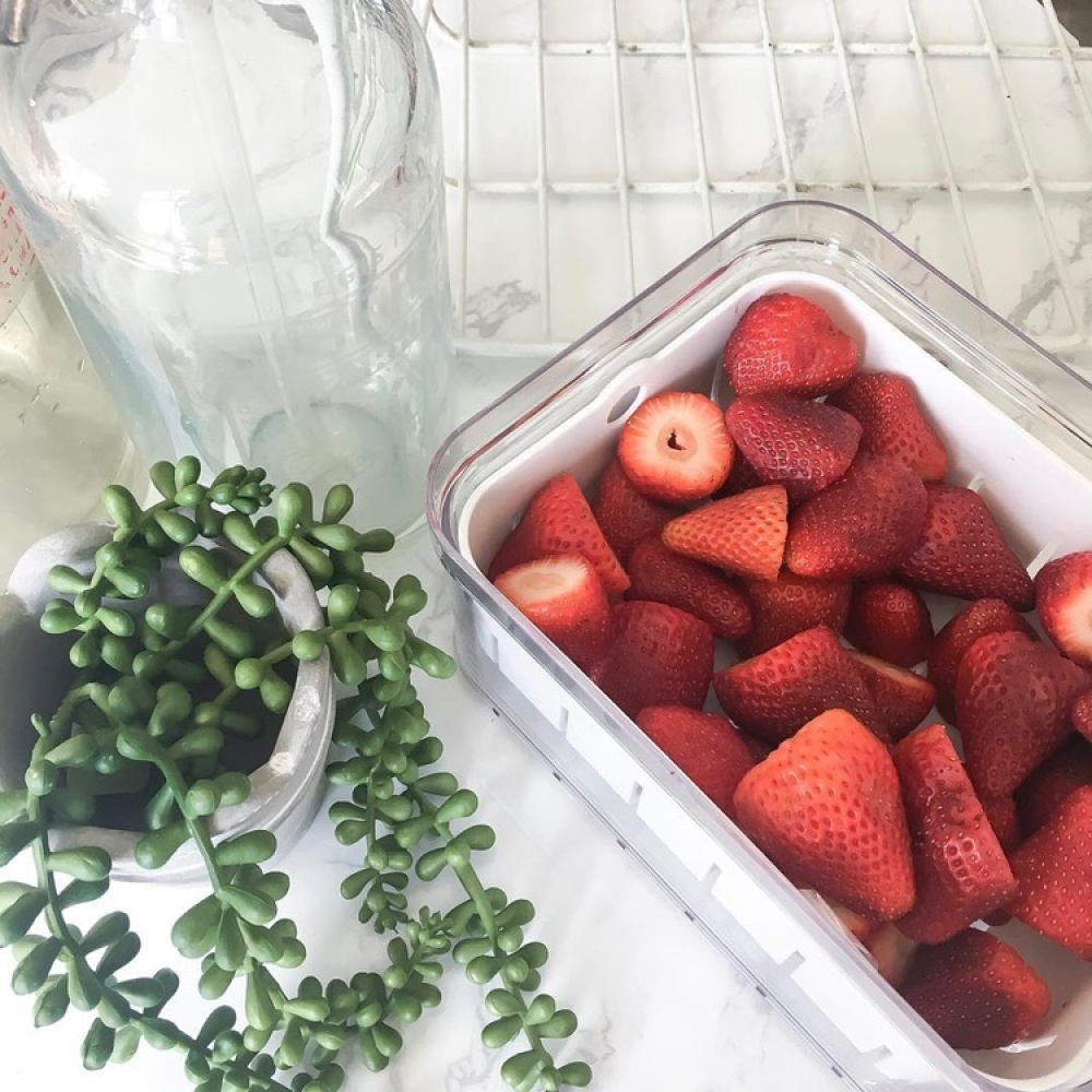 Burk med lock och durkslag, CRISP BERRY BIN, 16,5 x 21,6 x H 9,5 cm, Transparent / Vit i gruppen Förvaring / Köksförvaring / Kylskåpsförvaring hos SmartaSaker.se (40305)