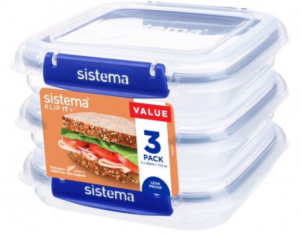 Burkar, Fyrkantiga, 520 ml, Set med 3 st, KLIP IT PLUS SANDWICH SPECIAL, Transparent / Blå i gruppen Förvaring / Köksförvaring / Matlådor / Plast hos SmartaSaker.se (40349)