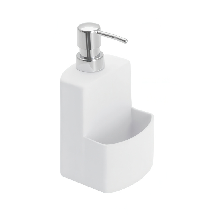 Diskmedels- / Tvålpump i keramik, med ficka för svamp, FESTIVAL, 10 x 10 x H 18 cm, Vit i gruppen Förvaring / Badrumsförvaring hos SmartaSaker.se (40427)