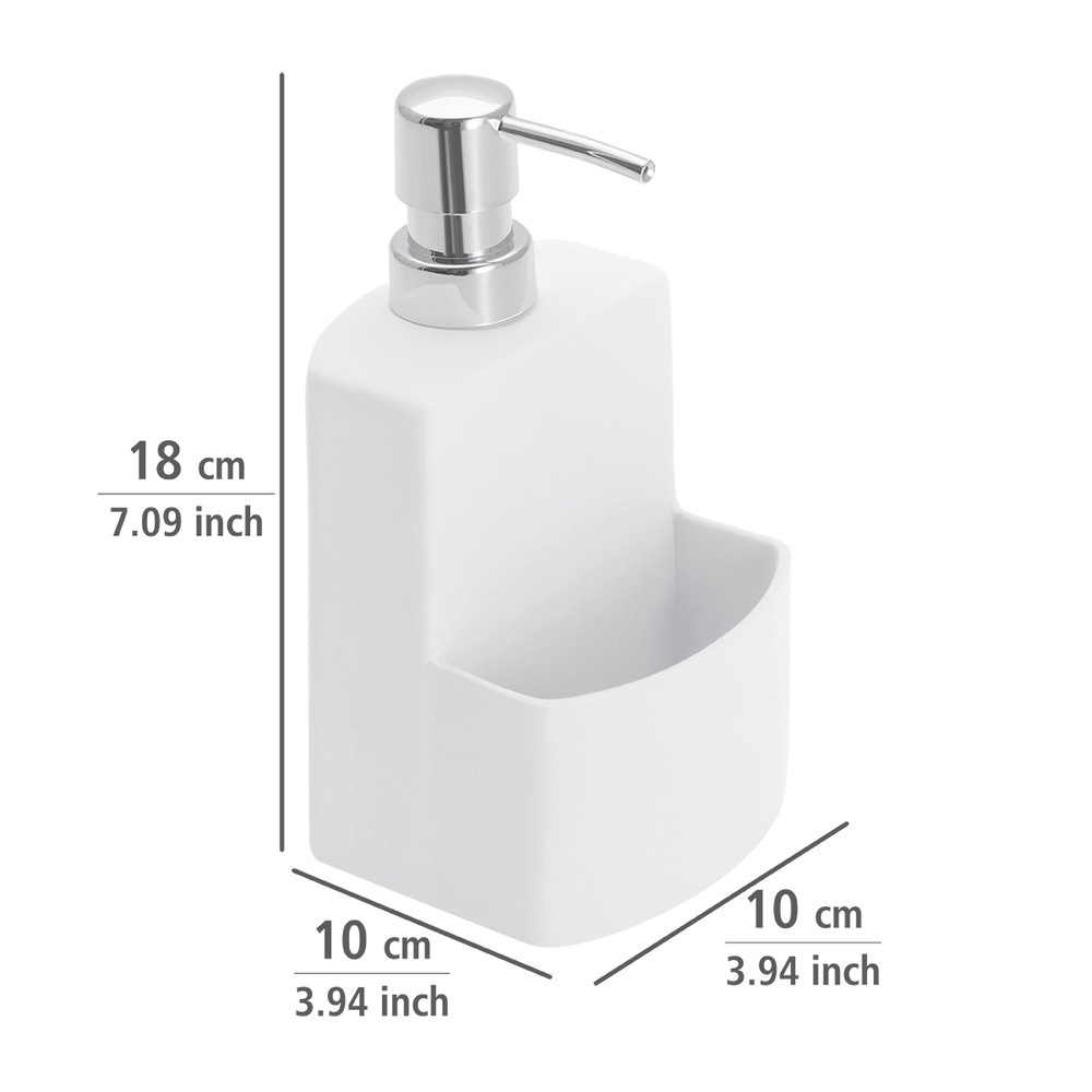 Diskmedels- / Tvålpump i keramik, med ficka för svamp, FESTIVAL, 10 x 10 x H 18 cm, Vit i gruppen Förvaring / Badrumsförvaring hos SmartaSaker.se (40427)