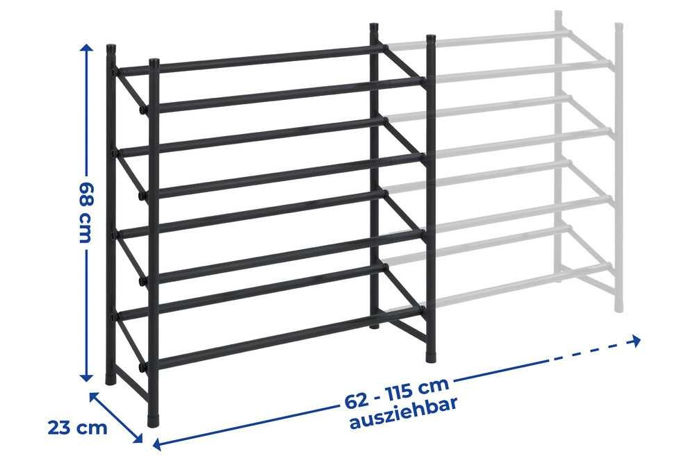 Expanderbar skohylla, 4 hyllor, HERO NON-SLIP, 62~115 x 23 x H 68 cm, Svart i gruppen Förvaring / Hallförvaring / Skohyllor hos SmartaSaker.se (40566)